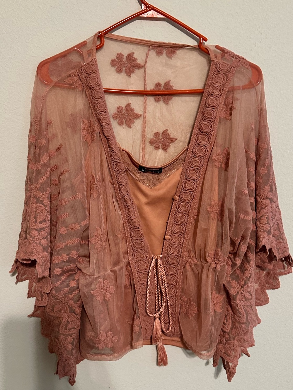 Venus two piece Sheer Embroidered Lace Kimono Top in Dusty Rose with camisole